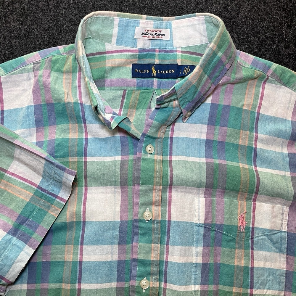 Ralph Lauren Shirt Mens L Button Down Indian Madras Short Sleeve Plaid‎ Pastel